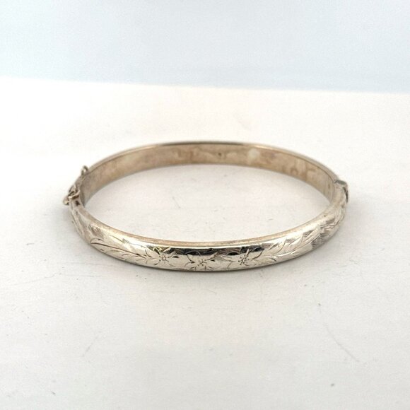 Estate Vintage Silver 960 Floral Engraved Bangle Bracelet 7” 9.6g Hinged Lock - Picture 1 of 8